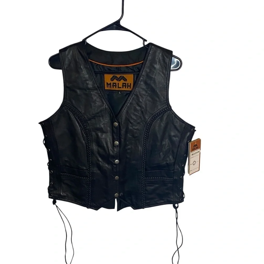 Malah Womens Black Leather Motorcycle Gun Vest‎ Braided Front/Back Side Laces Lg